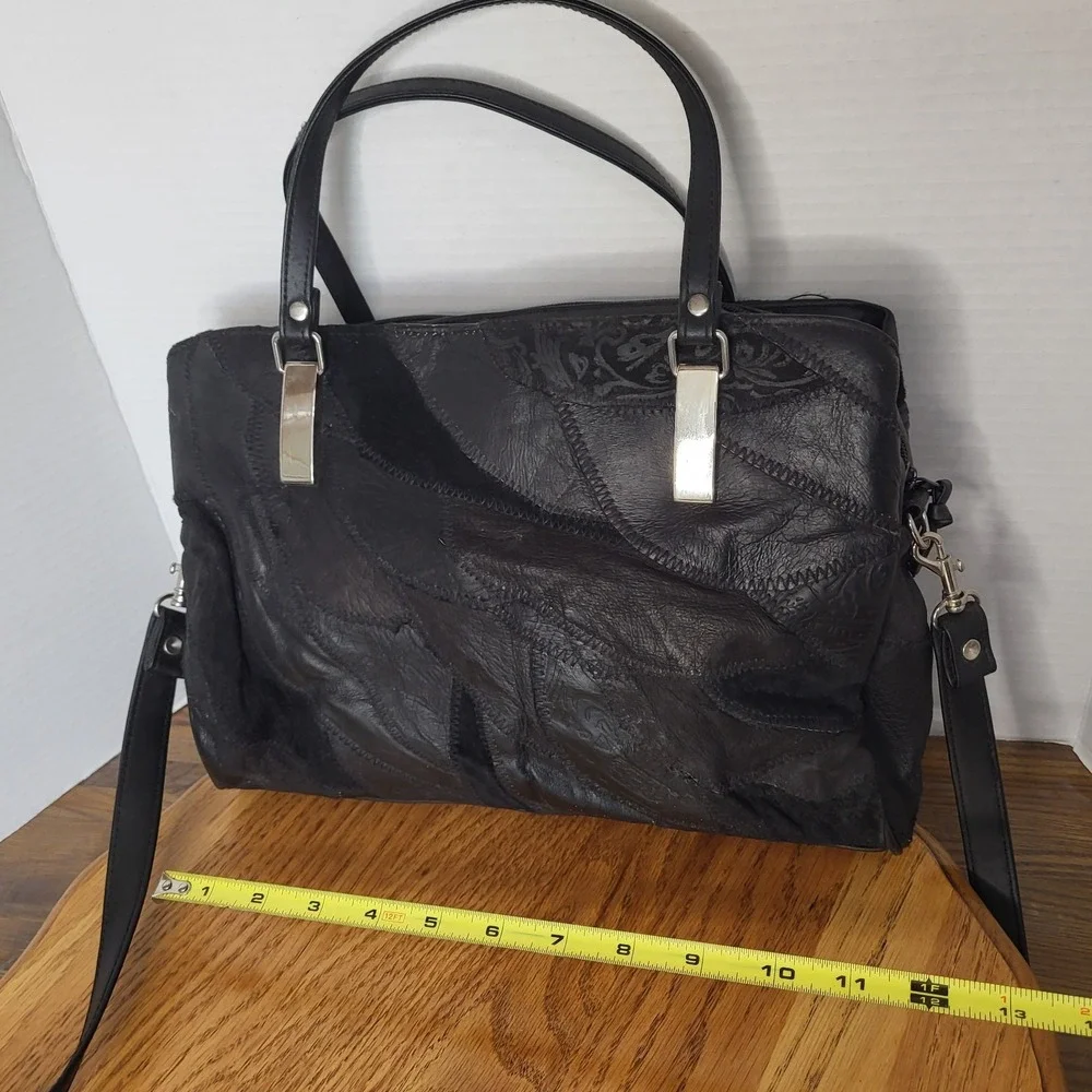 VTG Black Leather Patchwork Purse Shoulder Bag Handbag Hippie‎ Boho